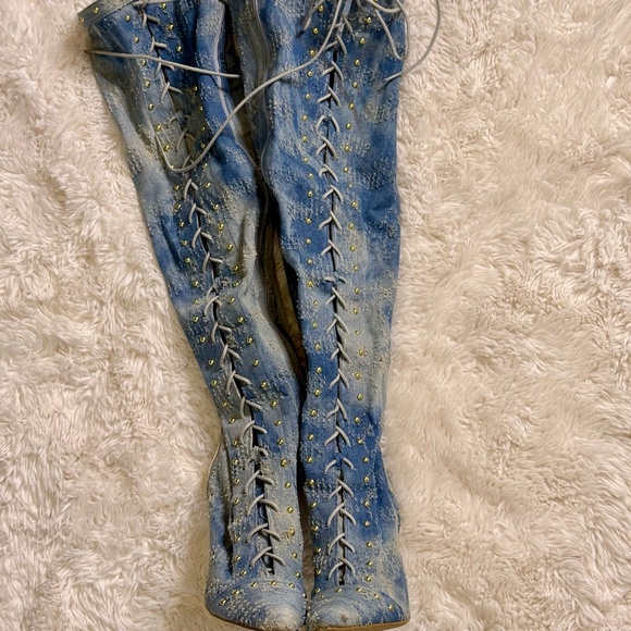 Studded Distressed Denim Lace-Up Boots - Picture 4 of 6